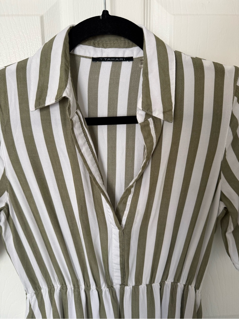 T Tahari Olive and White Stripped Belted Shirtdress - Picture 3 of 12